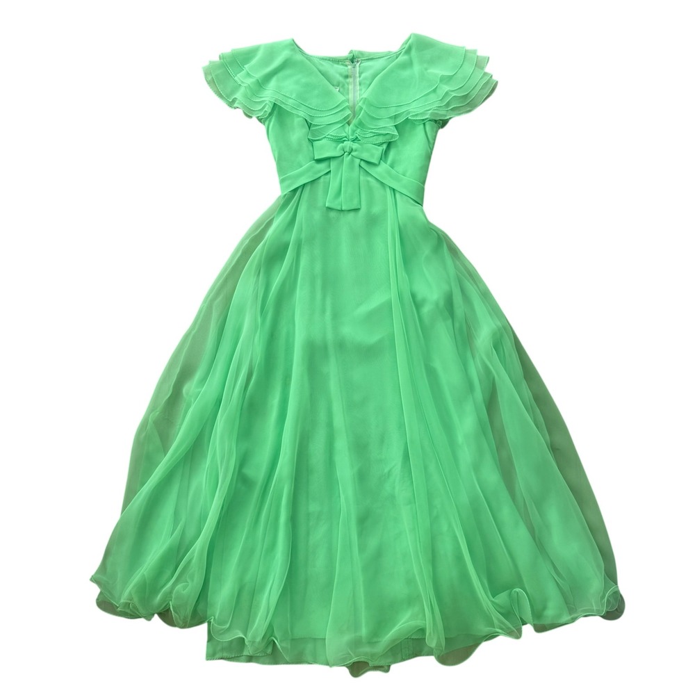 Miss Elliette Vintage 70s Chiffon Maxi Dress Capelet Bow 8 Lime Green Romantic